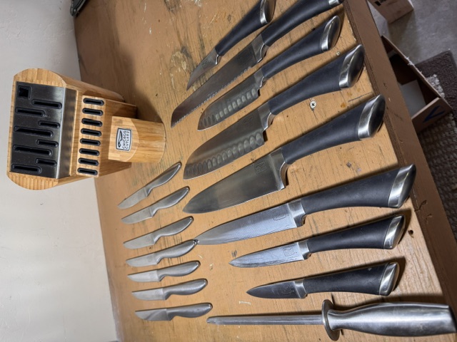 Assortment of sharpened kitchen knives and tools